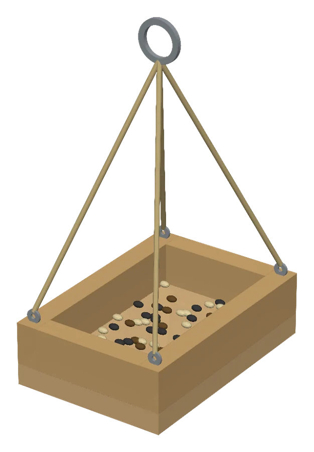 Hanging wooden tray bird feeder filled with seed