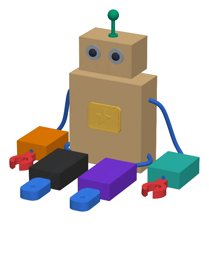 Wooden robot with screw eyes, rope arms and colourful hands and feet
