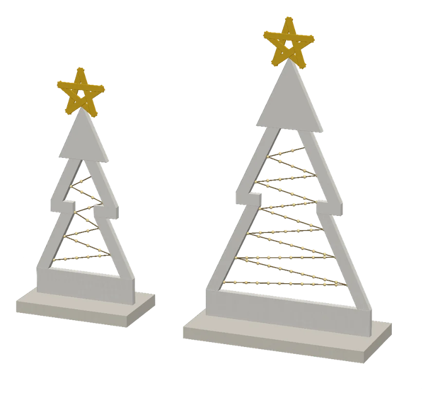 Two white wooden step-frame Christmas trees with gold stars, in 2 ft and 3 ft sizes