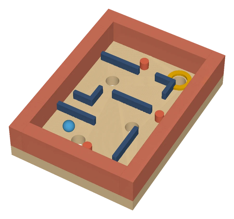 Wooden marble maze tray with walls, traps and a marble