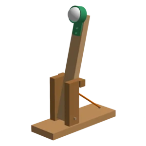 Wooden catapult with a green launch bucket
