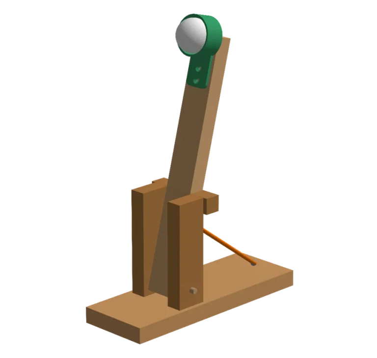 Wooden catapult with a green launch bucket