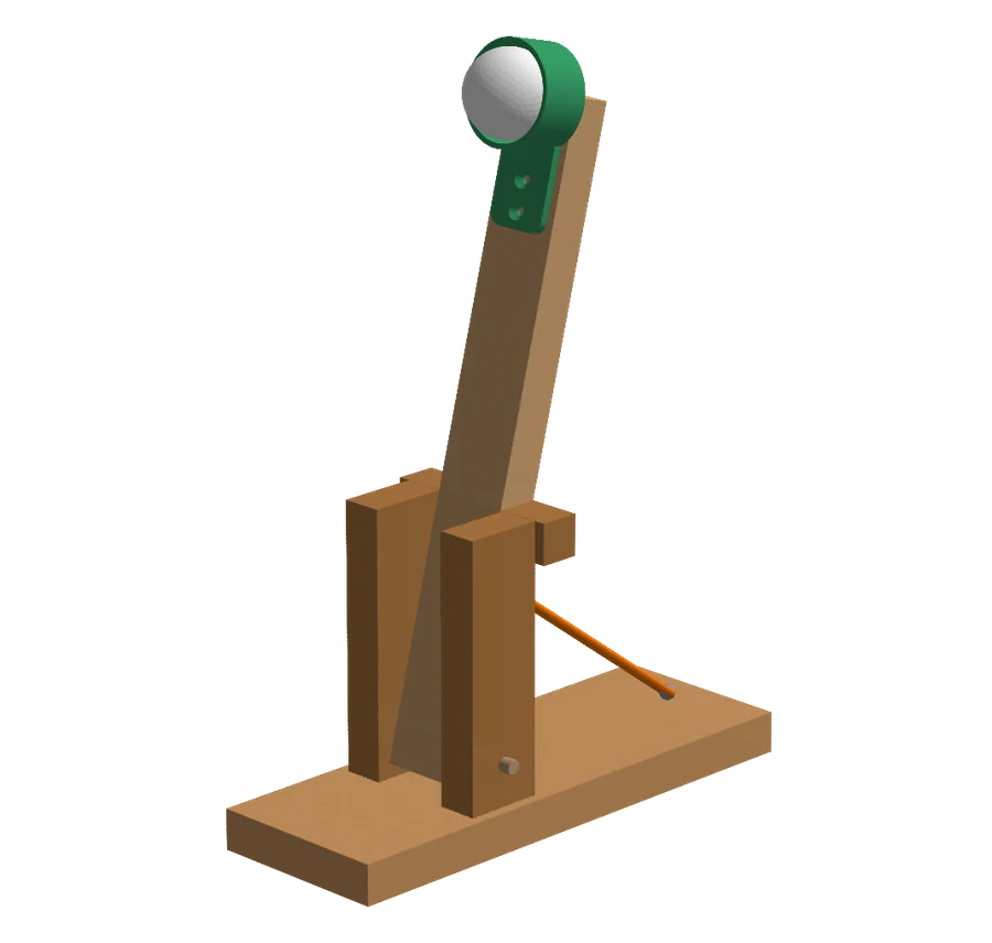 Wooden catapult with a green launch bucket