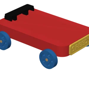 Red wooden race car with blue wheels and a gold name plate
