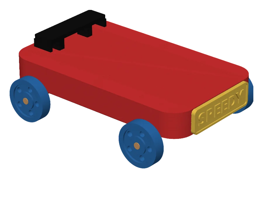 Red wooden race car with blue wheels and a gold name plate
